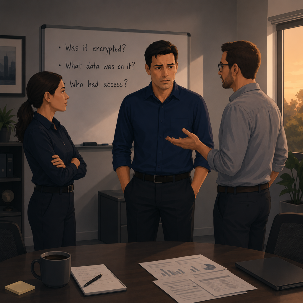 Three colleagues discuss data security in a conference room; a whiteboard lists encryption, data, and access questions.