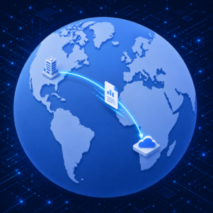 Global data transfer: a blue globe with a file icon sending data to a cloud server across continents
