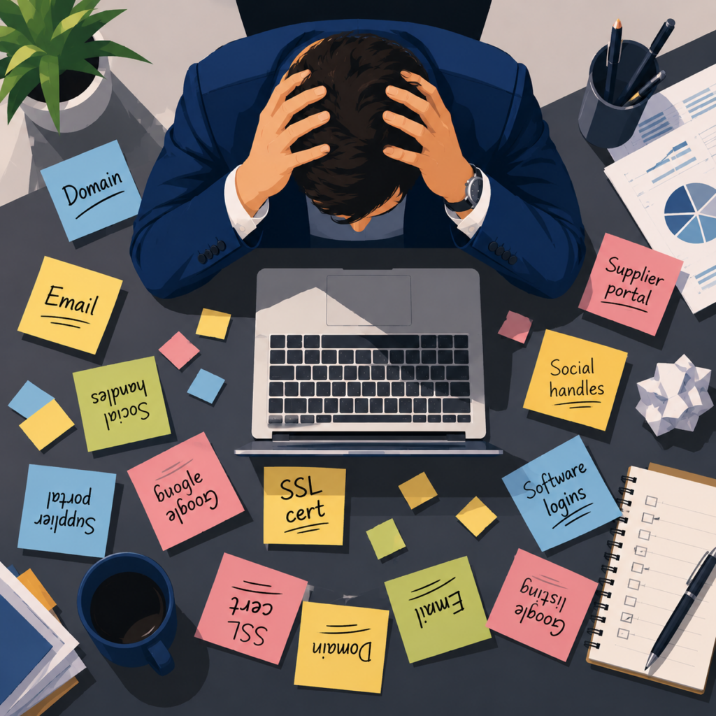 Overhead view of a stressed person in a blue suit at a laptop, hands on head, surrounded by sticky notes about domain, email, SSL cert, and software logins.